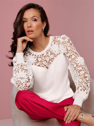 Cr&eacute;ation L Strickpullover CREATION L PREMIUM Lyocell-Viskose-Pullover, Damen, Gr. 36, ecru, 42% Viskose, 30% Lyocell, 28% Polyester, Spitze:100% Baumwolle, unifa