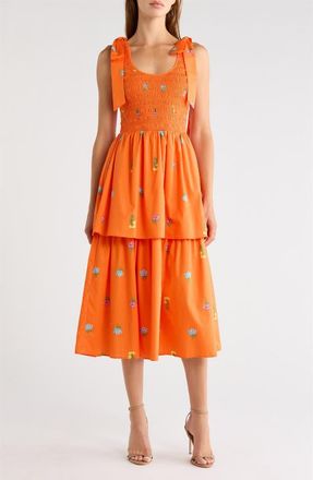 Sugarlips Berry Burst Kasia Sleeveless Smocked Midi Dress in Orange-Multi at Nordstrom, Size X-Large