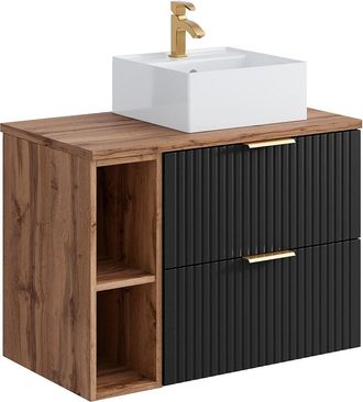 Vente-Unique Mueble de ba&ntilde;o suspendido con estantes y lavabo cuadradosobre encimera - Negro y natural claro - L80 cm - ZEVARA