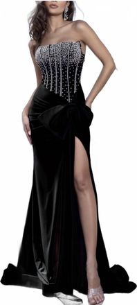 Portia & Scarlett Strapless Beaded Corsett Gown With Detachable Bow In Black