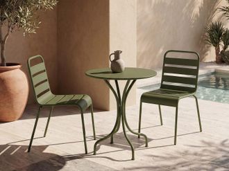 Vente-Unique Sala da pranzo da giardino in Metallo Kaki MIRMANDE: un tavolo D.60cm e 2 sedie impilabili