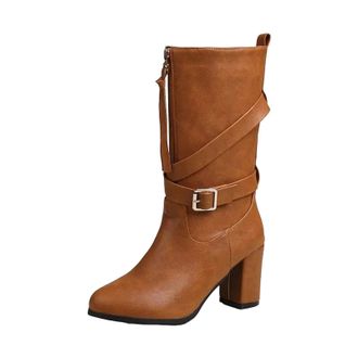 Generic Womens Vintage Western Mid Calf Boots Pointed Toe High Block Heel With Zipper Tassels And Belt Buckle Detail