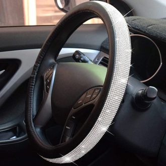 OEM Funda Para Volante De Coche Con Detalles Brillantes, De Microfibra Y Cuero Sint&eacute;tico, Universal, De 37-38 Cm, Accesorios Para Mujer, Color Negro Y Pla