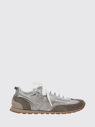 Brunello Cucinelli Bicolour Laminated and Suede Leather Trainers with Monili