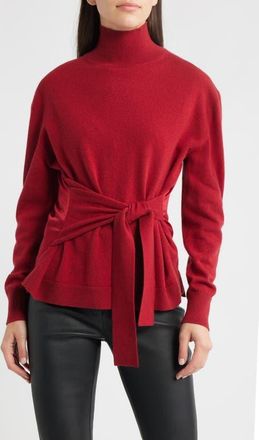 BOSS Falandia Tie Waist Mixed Media Turtleneck Wool & Cashmere Sweater in Deep Ruby at Nordstrom, Size Xx-Large