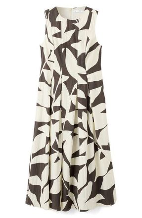 Mango Print Sleeveless Flare Midi Dress in Beige at Nordstrom, Size 4