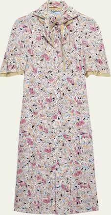 Prada Floral Silk Scarf-Neck Midi Dress
