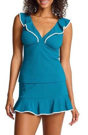 Tommy Bahama Island Cays Cabana Ruffle Tankini Top in Topaz Teal at Nordstrom, Size X-Small