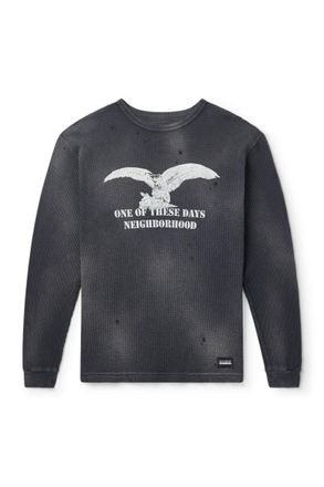 Neighborhood + OOTD Distressed Printed Waffle-Knit Cotton T-Shirt