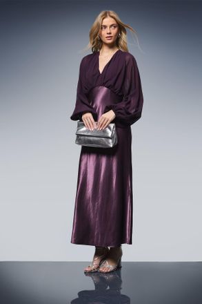 Oasis Womens Plain Balloon Sleeve V Neck Satin Chiffon Mix Midaxi Dress - Purple - Size 10 UK