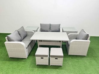 Fimous High Back Poly Rattan Garden Furniture Set w/ Reclining Chair Loveseat Sofa Rectangular Dining Table Indoor Outdoor Patio Set 2 Stool 2 Side
