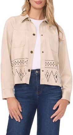 Vince Camuto Eyelet Cutout Hem Faux Suede Jacket in Beige at Nordstrom Rack, Size Xx-Small