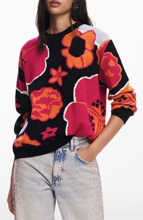 Desigual Niagara Floral Crewneck Sweater in Black at Nordstrom, Size Xx-Large