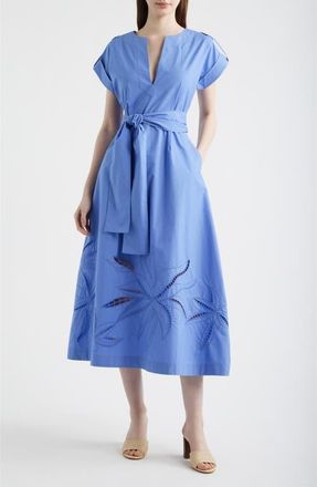 Vince Camuto Ladder Stitch Embroidered Tie Belt Cotton Poplin Midi Dress in Periwinkle at Nordstrom, Size 10