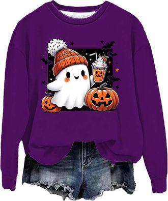 Generic Warehouse Clearance Bargains Sale Sweatshirts for Women UK Halloween Cute Ghost Printed Jumpers Loose Fit Crew Neck Pullover Tops With No Hood Casual 