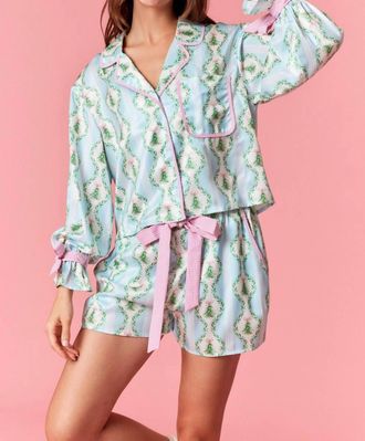 Peach Love California Under The Tree Satin Christmas Pajama Set In Blue/pink