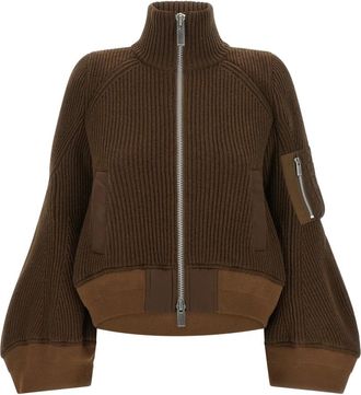 sacai Wool Knit Blouson - Dames - Bomber jackets - Bruin - M - Wol - Jassen