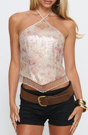 Princess Polly Udelle Sequin Fringe Halter Crop Top in Cream Sequin at Nordstrom, Size 10