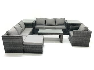 Fimous Rattan Garden Furniture Set Outdoor 8 Seater Patio Conversation Sets with Glass Top Coffee Table 2 Side Tables in Dark Grey