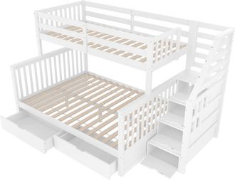 STILVORA Litera 90&times;200 Cm Y 140&times;200 Cm Con 2 Camas, Cajones Y Almacenamiento, Sin Colch&oacute;n, De Madera Maciza, Blanco