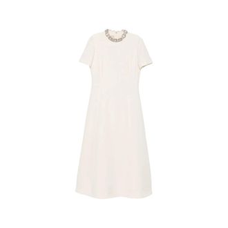 Valentino Bow-embellished Crystal-pendant Dress - female - Valentino - Midi Dresses - Beige - S - Dresses