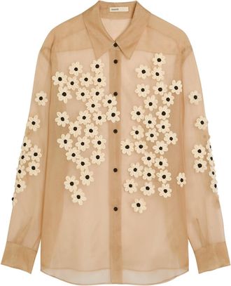 Khaite Argo Floral-appliqu&eacute;d Silk-chiffon Shirt - Beige - M (UK12 / M)
