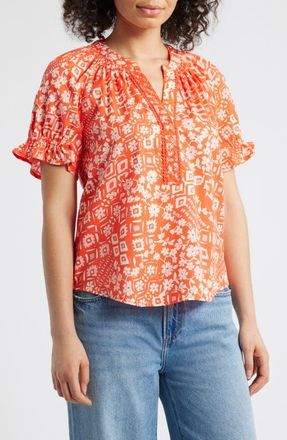 Wit & Wisdom Print Puff Sleeve Top in Papaya Punch Multi at Nordstrom, Size X-Large