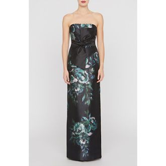 Kay Unger Constance Floral Bow Detail Strapless Column Gown in Black/Deep Green at Nordstrom, Size 12