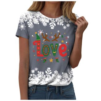 Generic Christmas Tops for Women Christmas Shirts UK Short Sleeve Casual Jumper Merry Santa Snowflake Print T-Shirts Loose Funny Xmas Tree Print Sweatshirt Tu