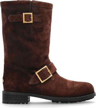 Jimmy Choo London Biker Mid Su&egrave;de Enkellaarsjes - Dames - Hoge Laarzen - Bruin - 36 1/2 EU - Su&egrave;de - Schoenen