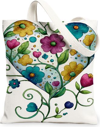 Generic Floral Heart Canvas Tote Bags, Colorful Flower Design Reusable Grocery Bags, Spring Vintage Art Lightweight Washable Should, Multicolor, 13x15 Inch