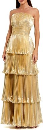 Mac Duggal Petite Strapless Metallic Pleated Tiered Gown in Gold at Nordstrom, Size 10