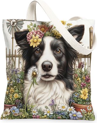 Generic Spring Border Collie Dog Canvas Tote Bag for Shopping 13x15, Farmhouse Country Puppy Reusable Grocery Print Bag for Women, Farm Pet Beach Aesthetic Pa