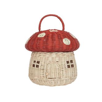 OEM Cesta De Almacenamiento De Rat&aacute;n Hecha A Mano Con Forma De Seta - Bonita Decoraci&oacute;n De Regalo De Rat&aacute;n Hecha A Mano, Roja
