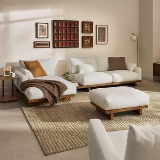 Castlery Performance Fabric 2 Seater Armless Chaise Sectional Sofa with Removable Covers and Side Table - White, Dark Brown | Mori by Castlery