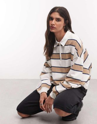 Nike polo a maniche lunghe a righe beige e marrone-Neutro