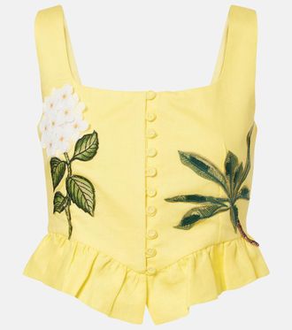 Agua Bendita Eslabon floral-applique linen crop top