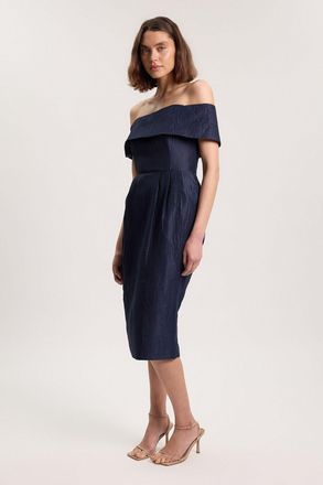 Karen Millen Womens Textured Tailored Twill Bandeau Midi Dress - Navy Viscose - Size 10 UK