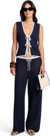 Onia Linen Knit Tie Front Tank Top in Noir Navy/egret at Nordstrom, Size X-Small