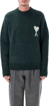 Ami Dark Green Adc Heart Emblem Crewneck Sweater