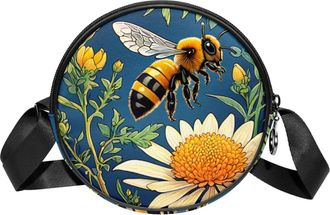 Generic Circle Crossbody Bag for Women, Color Drawing Bee Small Sling Bag Daypack with Zipper Adjustable Shoulder Straps Casual Ladies Girls Round Purse