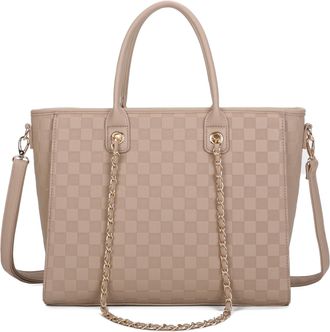 Generic Womens Tote Bag, Beige Checkered Pattern, Chain Strap Detail, Shoulder Bag with Crossbody Strap (Beige)