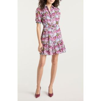 Cinq &agrave; Sept Halbini Dahlia Print Puff Sleeve Belted Shirtdress in Lavender Crystal Multi at Nordstrom, Size 00