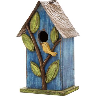 Glitzhome 10H Multicolor Cute Distressed Solid Wood Birdhouse with 3D Flowers in Blue at Nordstrom, Size Medium