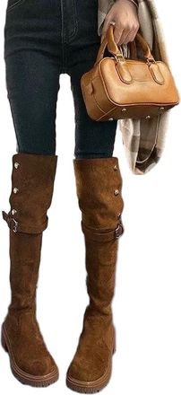 Generic YUJIEBB Over The Knee Cowboy Boots Women Winter Platform Shoes Fashion Fur Suede Wedges Thigh High Boots Motorcycle Brown