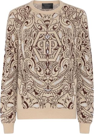 Philipp Plein Cashmere & Silk Pullover Ronde Hals LS Paisley Bandana - Heren - Cashmere truien - Beige - 3XL - Kasjmier - Truien & Vesten