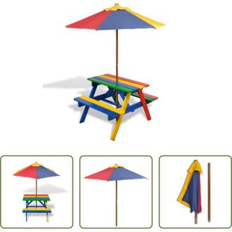 vidaXL Panchine per bambini - Tavolo e Panchine per Bambini con Parasole Legno Multicolore