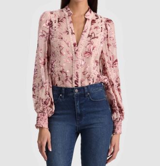 Alice & Olivia Arllette Balloon Sleeve Blouse In Mystic Garden English Rose