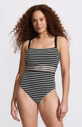 Lands End Crochet Square Neck High Leg One Piece Swimsuit in Black/white at Nordstrom, Size 16