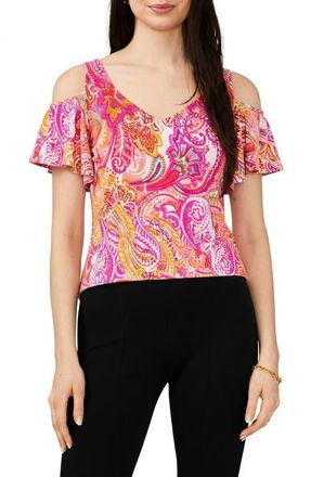 Chaus Print Cold Shoulder Top in White/Fuchsia/Mustard at Nordstrom, Size Medium